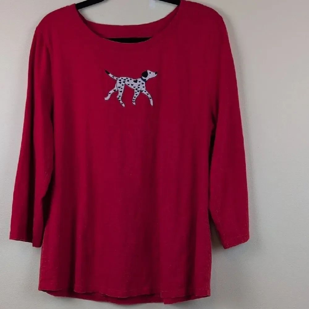 Talbots Red Cotton Blouse Top Embroidered Dalmatian Dog Size XL